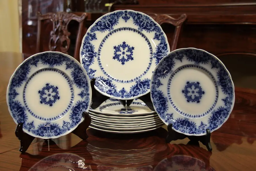 Photo of Set of 12 Victorian Antique Flow Blue Plates