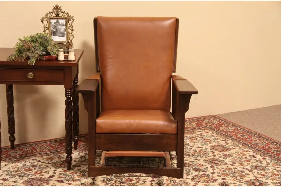 Photo of Arts & Crafts Leather & Oak Morris Reclining Chair