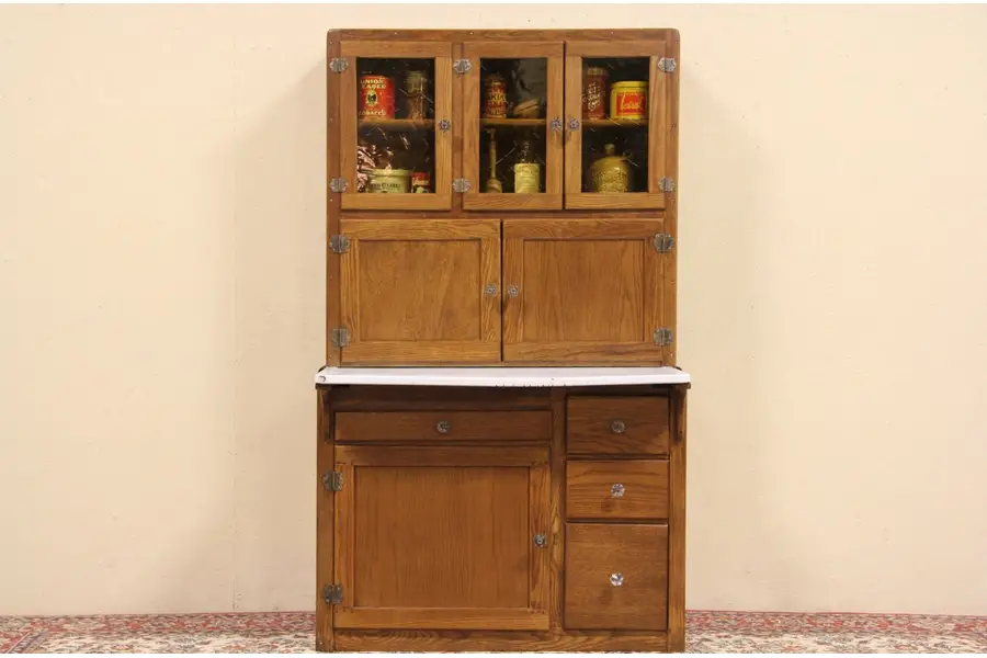 Photo of Hoosier Oak 1936 Kitchen Cupboard, Porcelain Top
