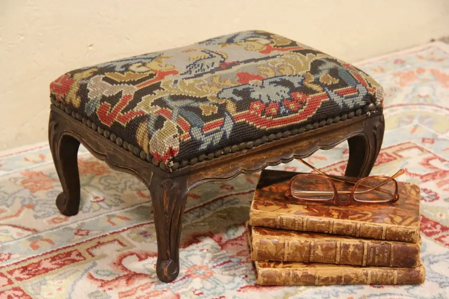 Photo of Colby Carved Needlepoint 1900 Antique Footstool