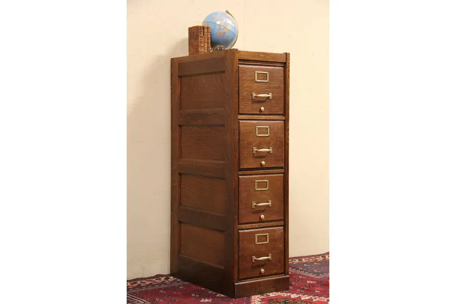 Photo of Macey Oak 4 Drawer Antique 1910 File Cabinet, Bronze Hardware