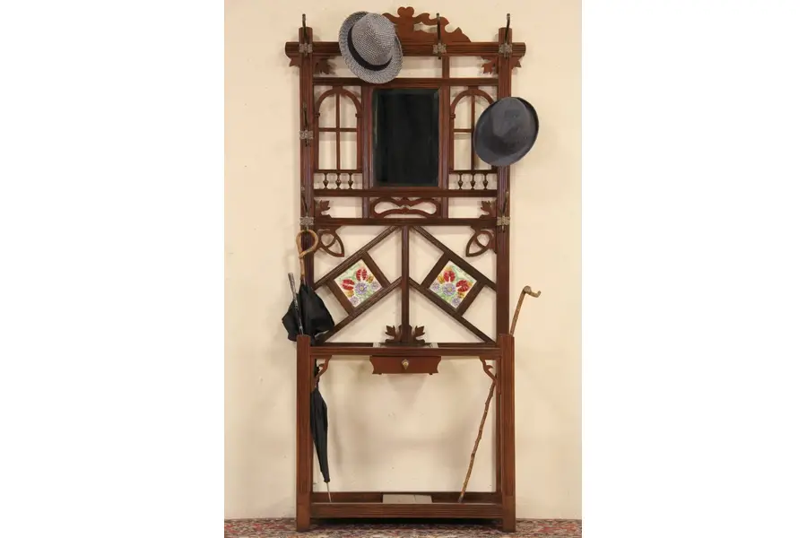 Photo of Hall Stand & Mirror, 1890 English Oak & Tile Antique