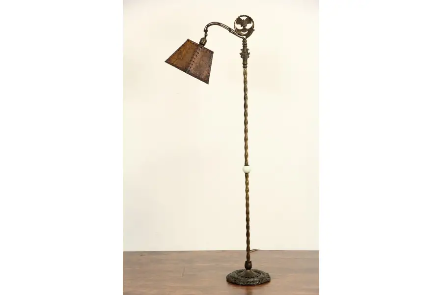 Photo of Bridge Reading Antique 1915 Floor Lamp, Original Leather & Parchment Shade