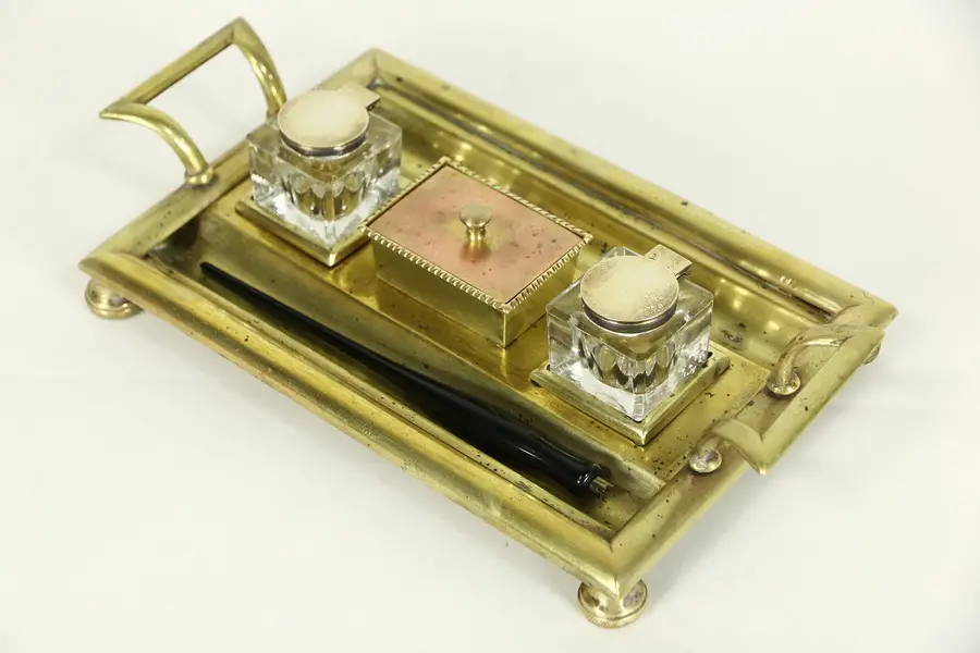 Photo of Desktop 1900 Antique Brass Inkwell, Stamp Box & Pen Holder Set