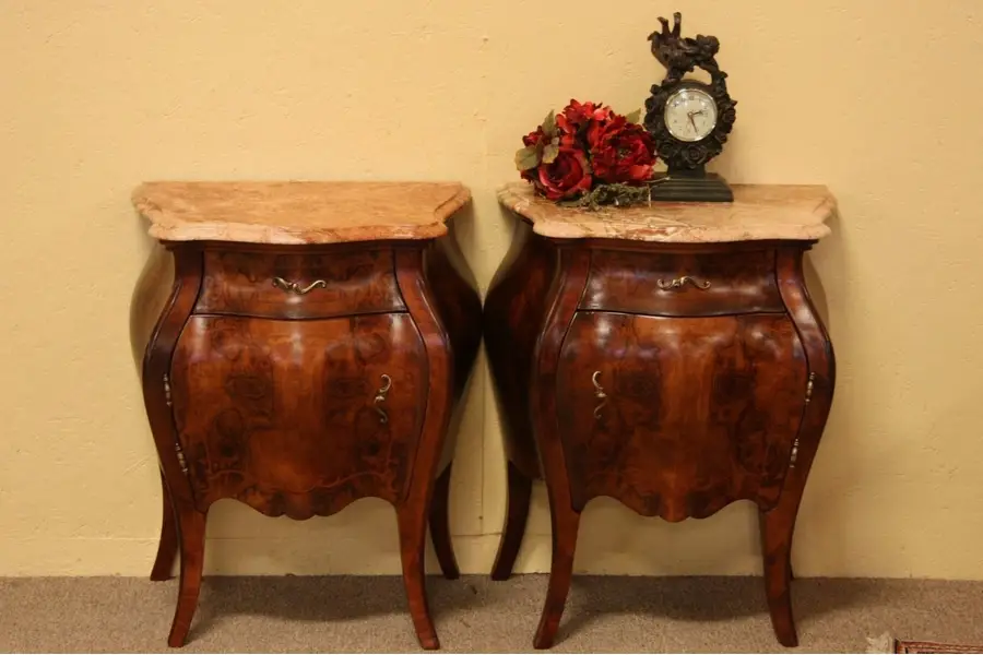 Photo of Pair of Bombe Burl& Marble Antique Chests Nightstand