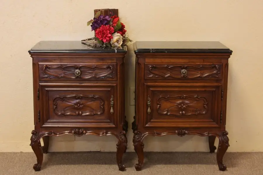 Photo of Pair of Marble Top Carved Walnut Nightstand Tables