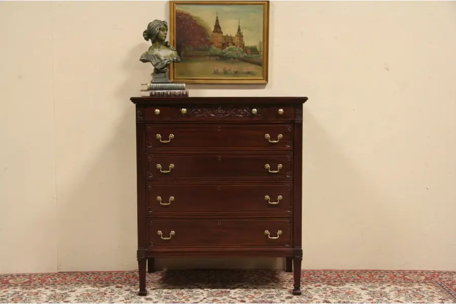 Photo of Carved Mahogany 1910 Antique Tall Chest of Drawers