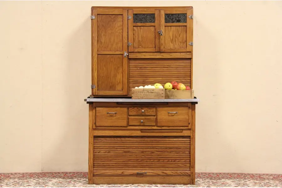 Photo of Hoosier Oak 1916 Antique Kitchen Cupboard, 2 Roll Tops