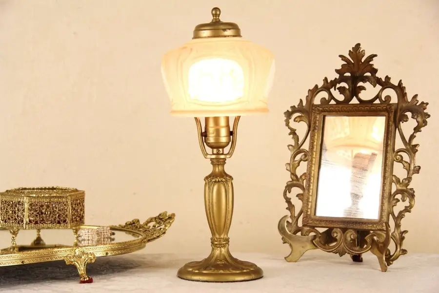 Photo of Boudoir Lamp, 1920 Antique, Etched Glass Shade