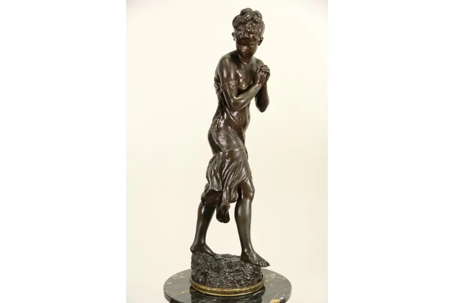 Photo of H. Moreau Signed 1900 Antique Statue, French Sculpture of a Young Woman