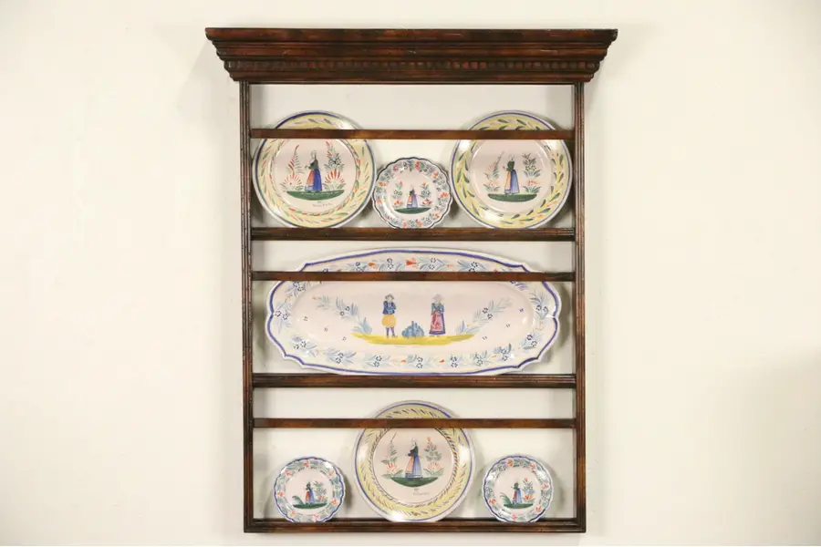 Photo of Vintage Fruitwood Wall Mount or Hanging Plate Rack