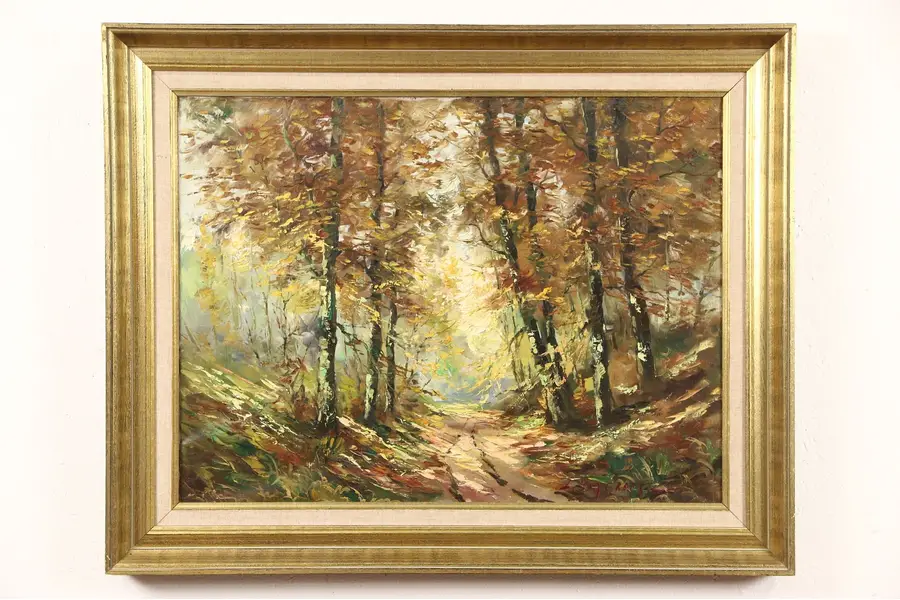 Photo of Autumn Forest Path, Original Scandinavian Oil Painting, 1950's Vintage, Signed