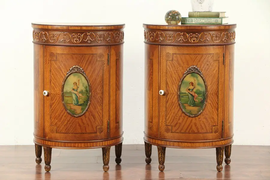 Photo of Pair Antique Satinwood Demilune Nightstands or End Tables, Hand Painted