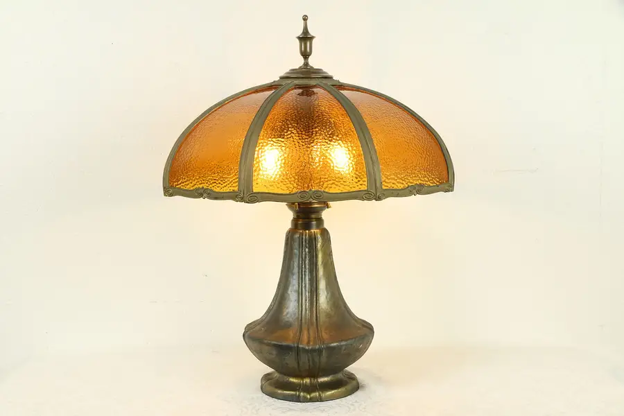 Photo of Curved Hammered Stained Glass Shade 8 Panel Antique Art Deco Lamp