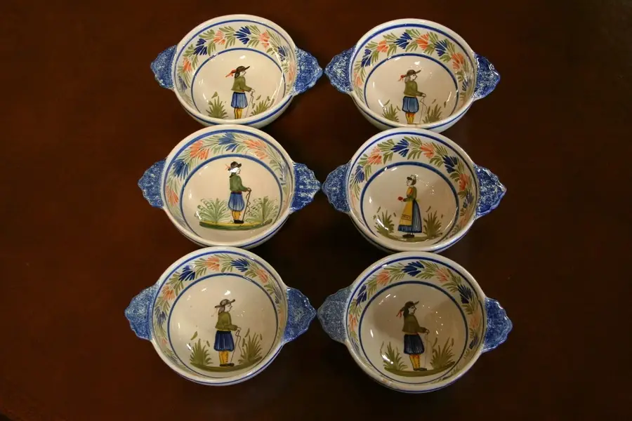 Photo of Quimper Hand Painted Pottery Porringers Set of 6