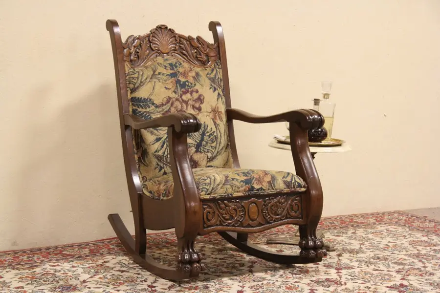 Photo of Oak Carved Griffin Lion Paw Antique 1900 Rocker