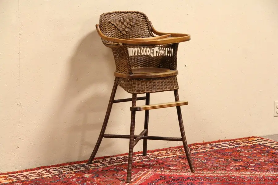 Photo of Heywood Wakefield Wicker 1910 Antique Child High Chair & Tray