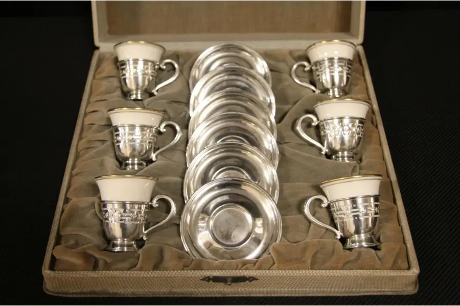 Photo of Set of 6 Sterling Silver Espresso Coffee Cups & Saucers, Lenox Liners