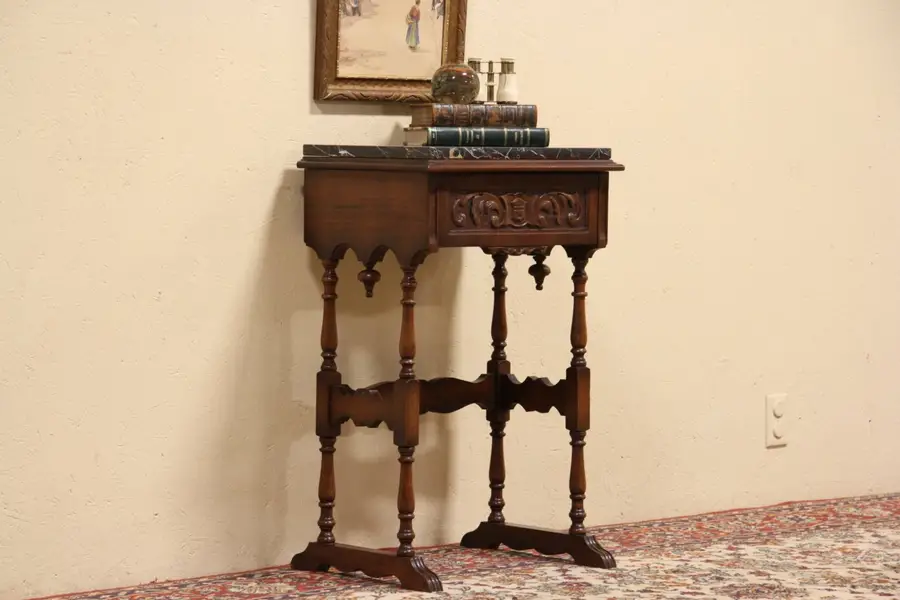 Photo of Black Marble Top 1925 Carved Nightstand or Lamp Table