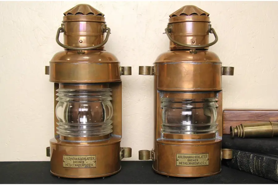 Photo of Pair of Bremen, Germany Copper & Brass Ship Lanterns, Oil Burning