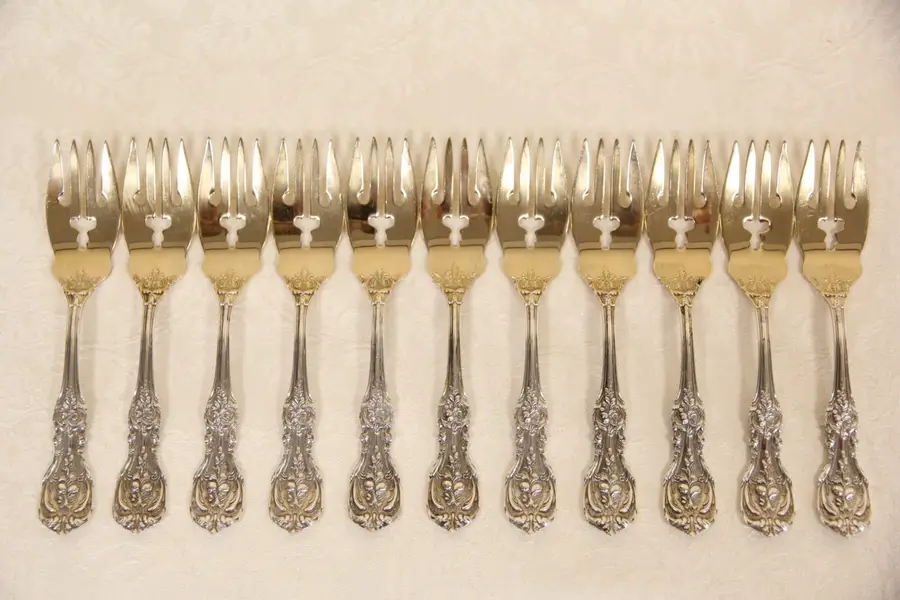 Photo of Francis I Reed & Barton Set of 11 Sterling Silver 6 1/8" Salad Forks, Gold Wash
