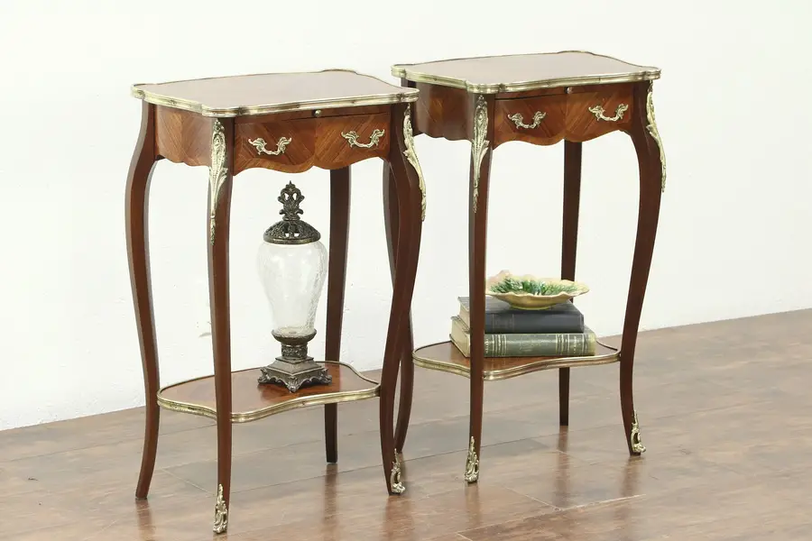 Photo of Pair of Tulipwood Vintage Nightstands or End Tables, Brass Mounts, France