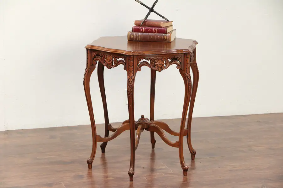 Photo of Hexagonal Carved Antique Lamp or Center Table, Matched Sunburst Top