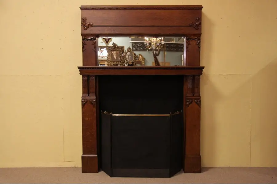 Photo of Antique Carved Oak Fireplace Mantel, Beveled Mirror