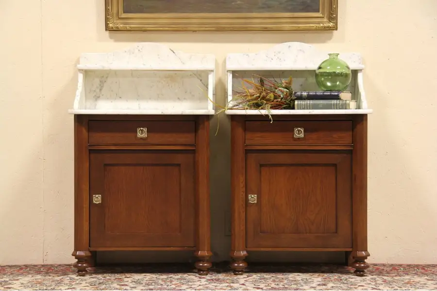 Photo of Pair 1880 Antique Oak Nightstands, Marble Tops