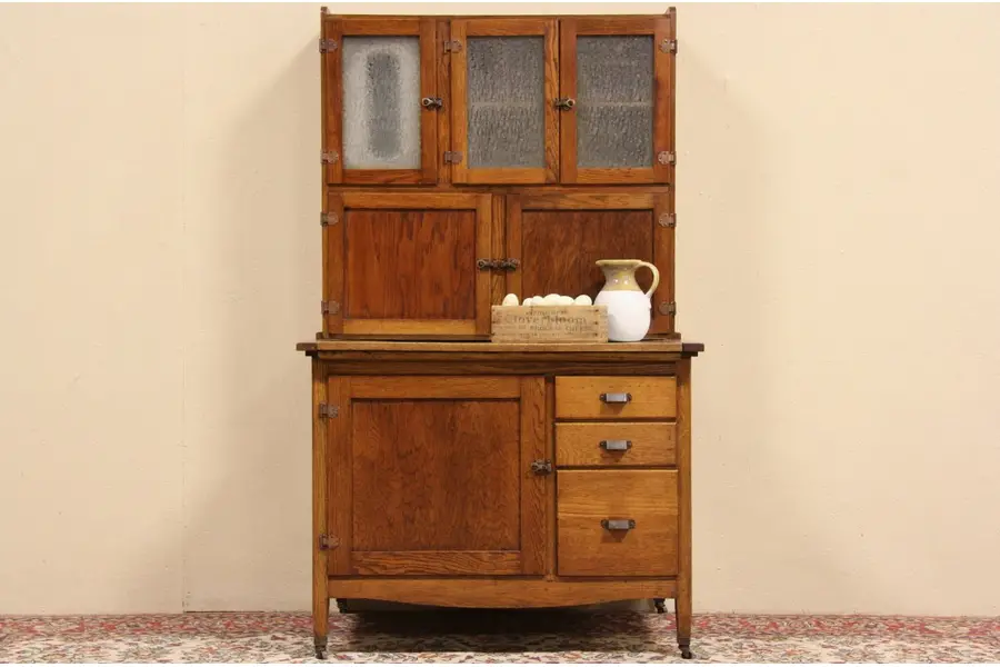 Photo of Oak Antique 1915 Hoosier Kitchen Cabinet, Original Ice Glass Doors