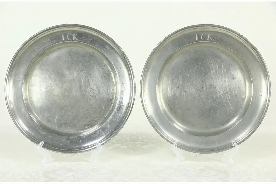 Photo of Pair Antique Pewter Plates, Angel Hallmark, ICK Monogram
