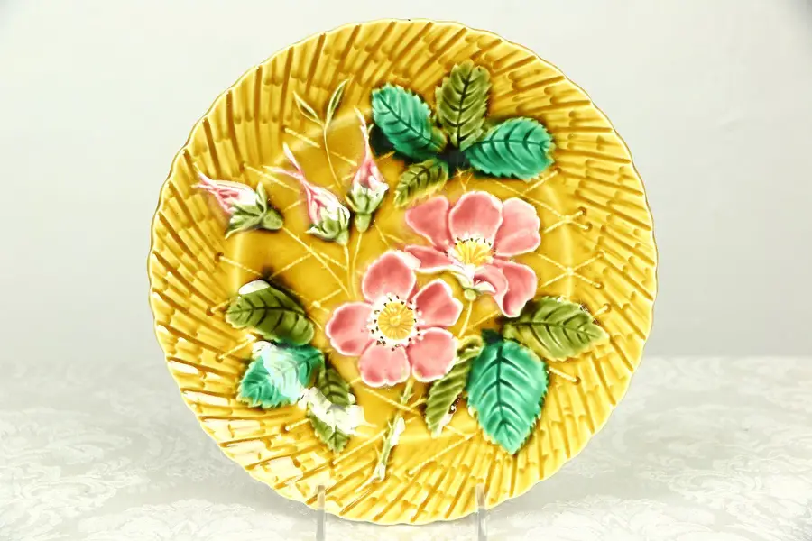 Photo of Majolica Hand Painted 1920's Antique 8 1/4" Flower Plate, Signed PV France