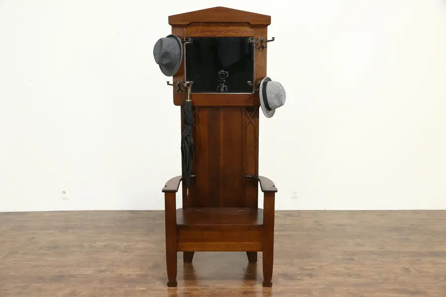 Photo of Arts & Crafts Mission Oak Antique 1900 Hall Stand, Bench & Mirror Signed Glanton