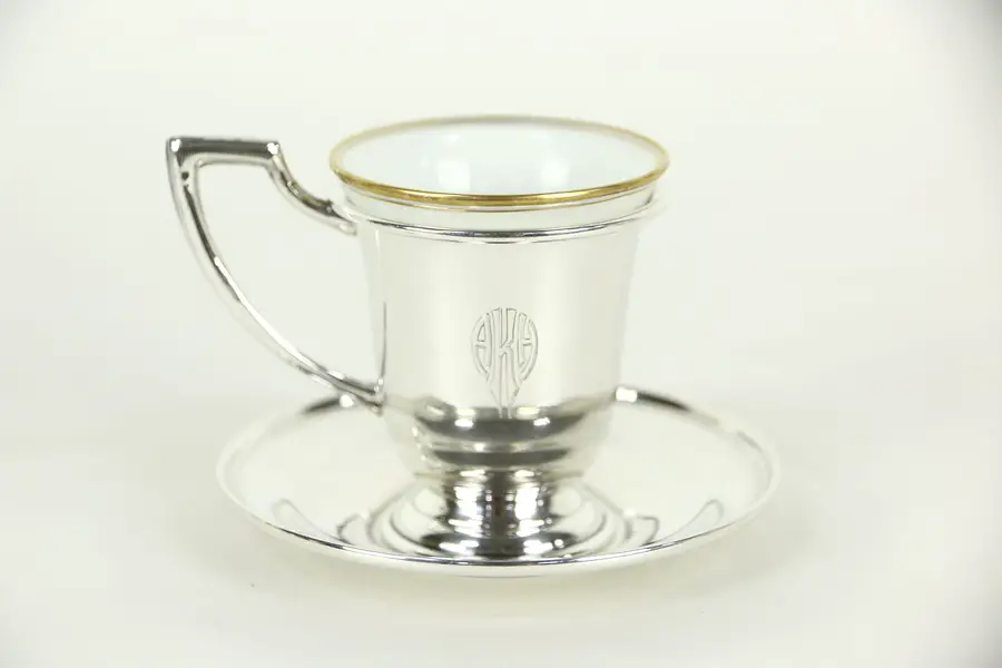 Photo of Sterling Silver Vintage Demitasse Coffee Cup & Saucer, Rosenthal Signed Liner
