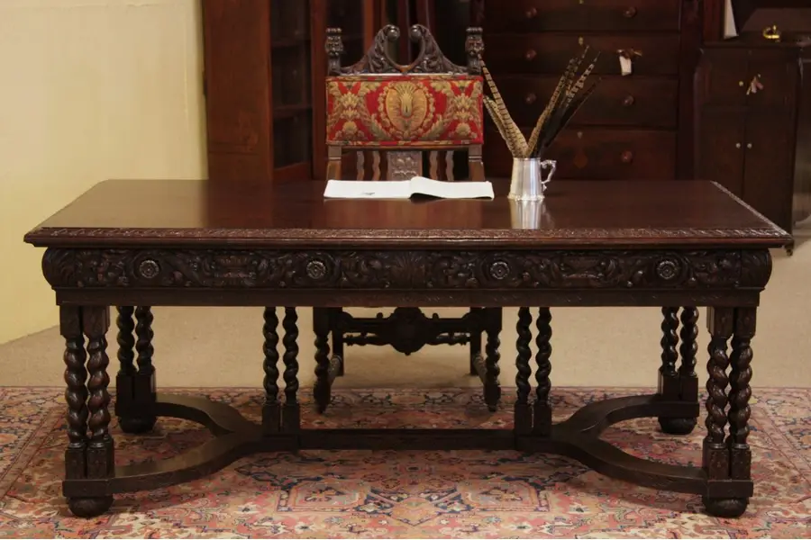Photo of Carved Oak Partner's Writing Desk or Library Table