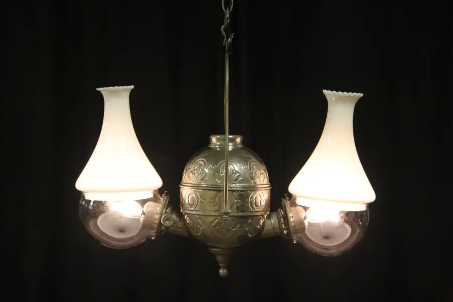 Photo of Angle NY 1890's Double Kerosene Hanging Lamp, Electrified