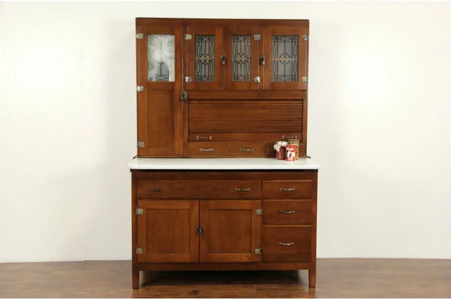 Photo of Hoosier Oak 1915 Antique Kitchen Cupboard, Sifter, Etched Glass & Porcelain Top
