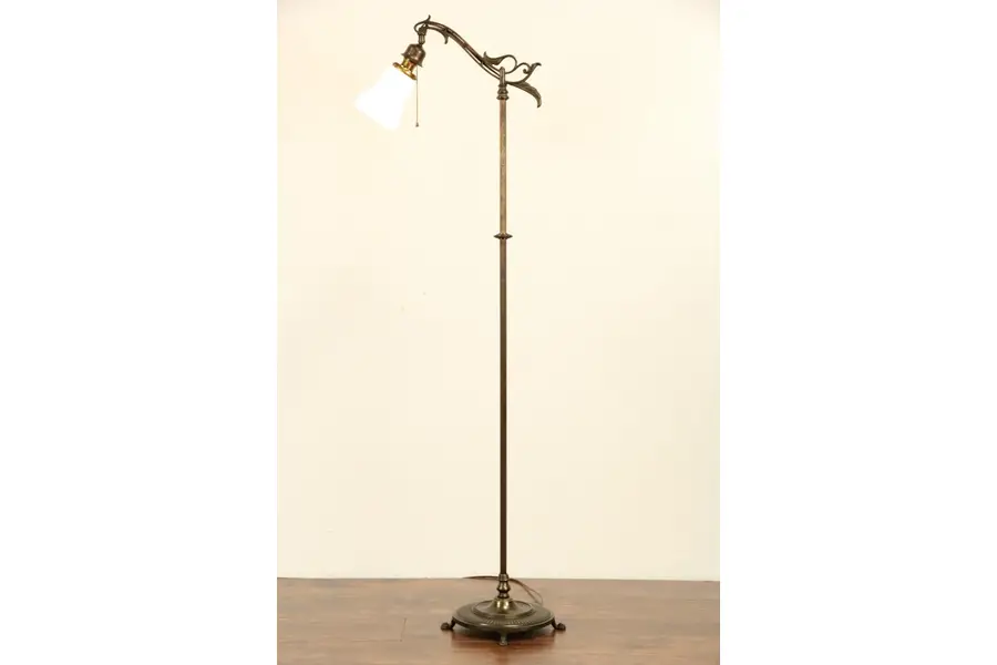 Photo of Bridge Floor Reading Lamp, 1915 Antique, Etched Milk Glass Shade