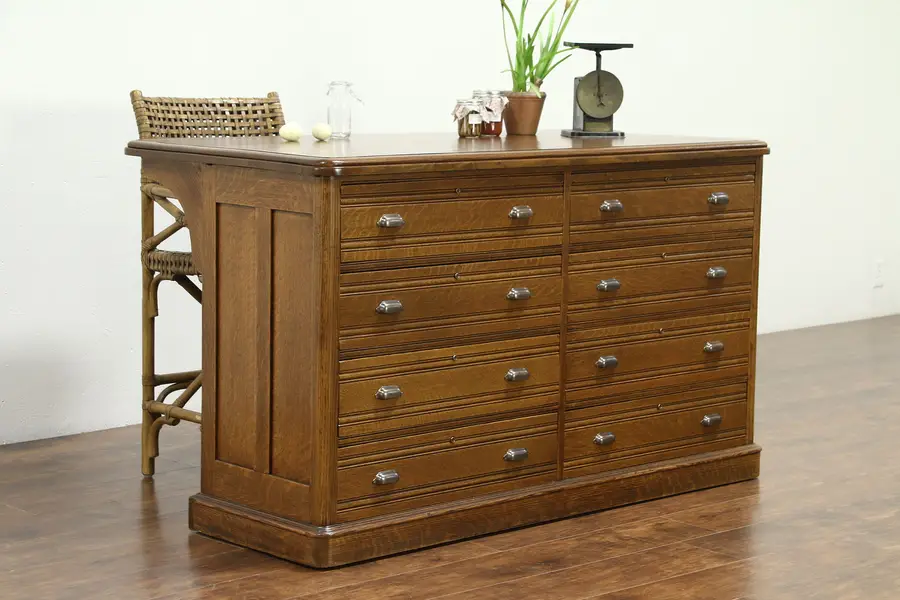Photo of Oak Quarter Sawn Antique 1895 Kitchen Counter or Island, 8 Drawers, 62" Long