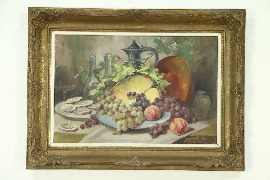 Photo of Oysters & Fruit Still Life Antique Oil Painting, Carved Frame, Signed, France