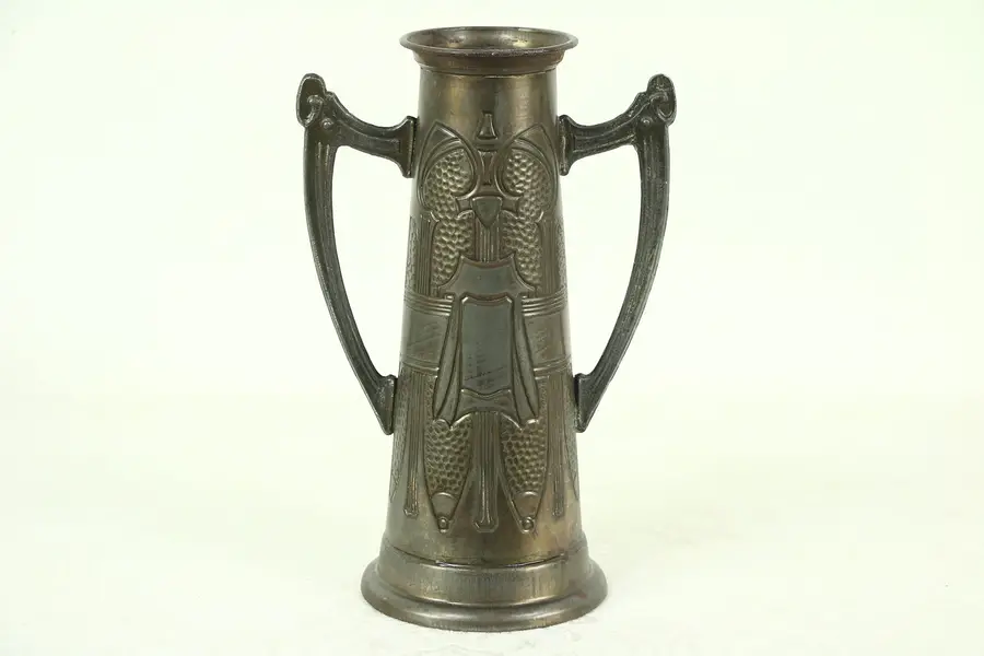 Photo of Arts & Crafts Hammered Tin Antique 1900 Vase with Handles