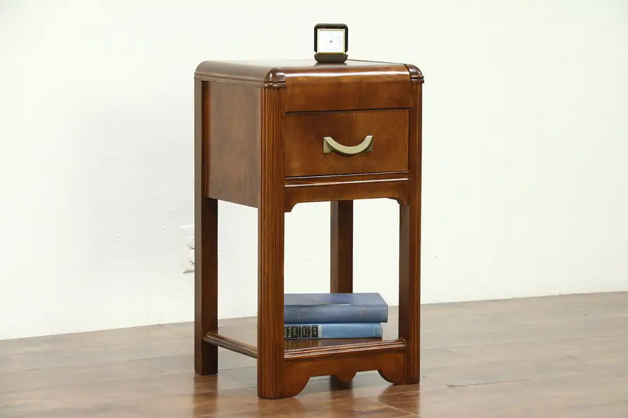 Photo of Art Deco Waterfall 1930's Vintage Walnut Nightstand