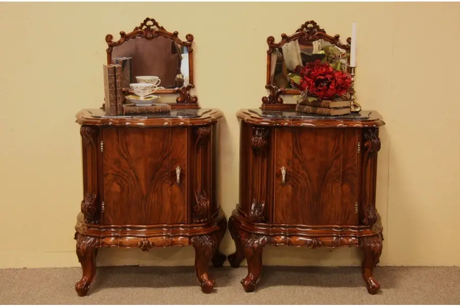 Photo of Pair Carved Marble Top Nightstands or Bedside Table