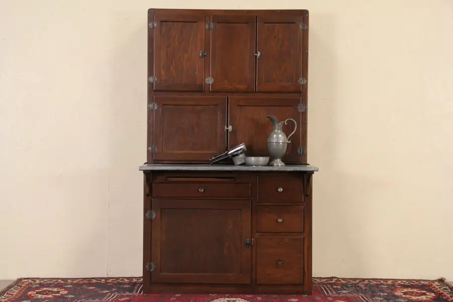 Photo of Hoosier 1910 Patent Oak Kitchen Cabinet, Original Zinc Top