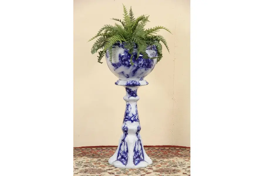Photo of Flow Blue Faerie Queen Jardiniere, Stand, Queen Elizabeth 1953 Commemorative Set