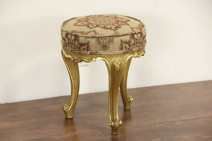 Photo of Italian Carved Burnished Gold 1920 Salon Stool, New Upholstery