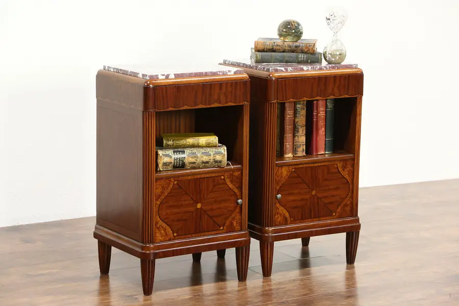 Photo of Pair 1925 Antique English Art Deco Nightstands, Marble Tops & Marquetry