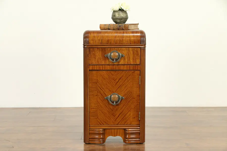 Photo of Art Deco Waterfall Vintage Nightstand, Bakelite Pulls