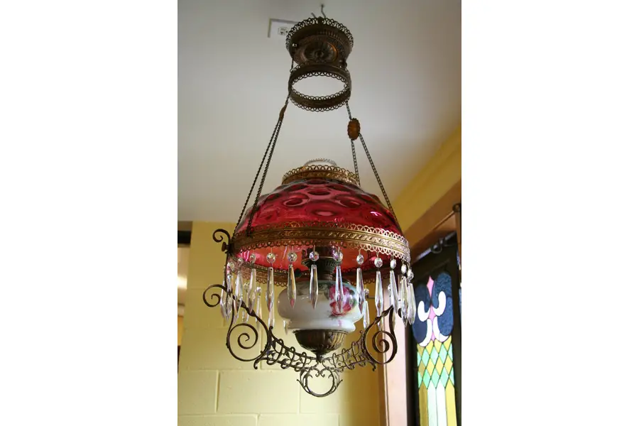 Photo of Victorian Hanging Lamp, Cranberry Shade circa 1880