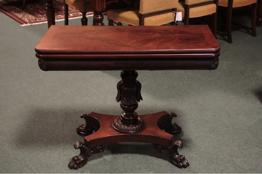 Photo of Empire Mahogany Game Table Acanthus Column Paw Feet